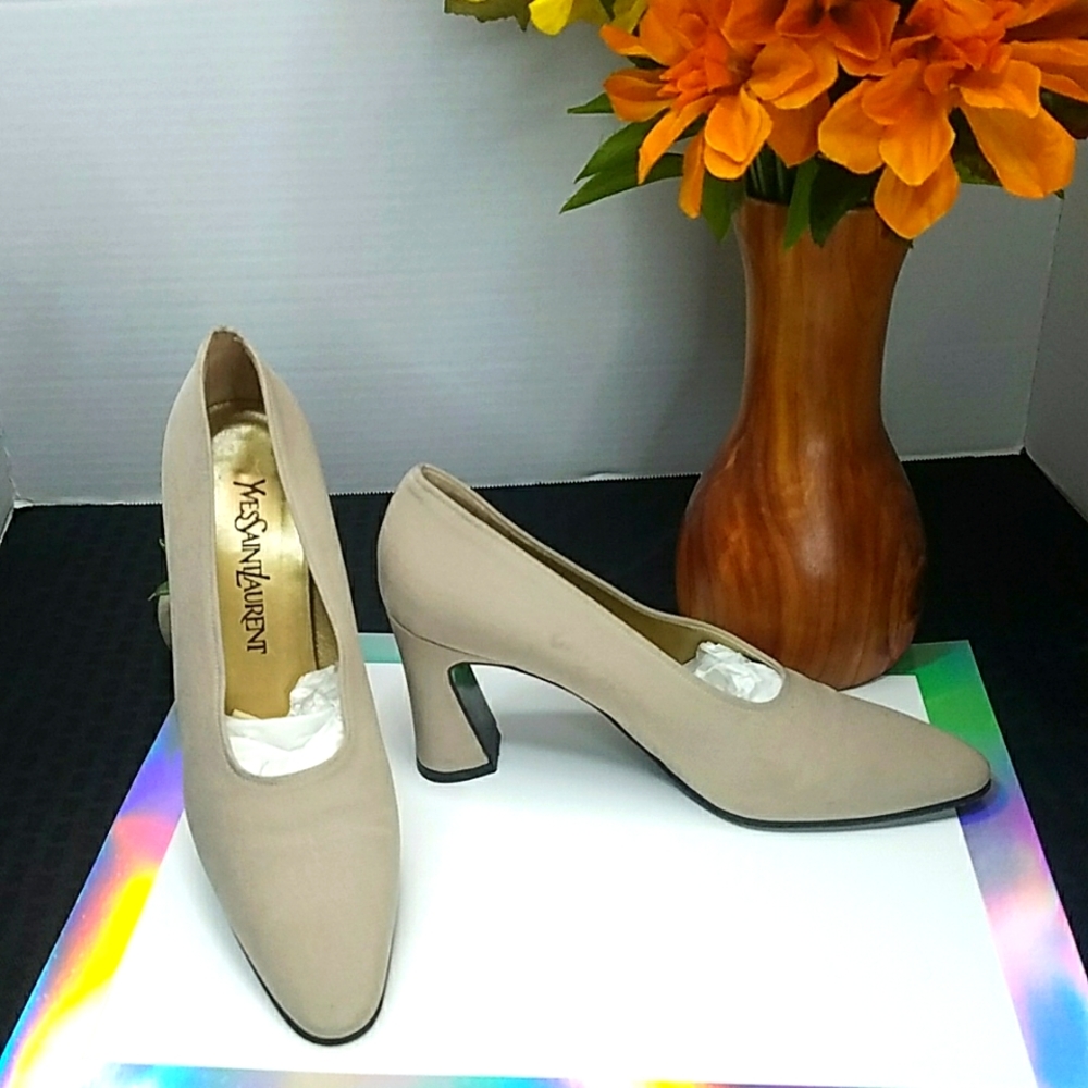 Yves Saint Laurent Beige Block Heels Leather Italy Made Size 7 Medium - Picture 1 of 9